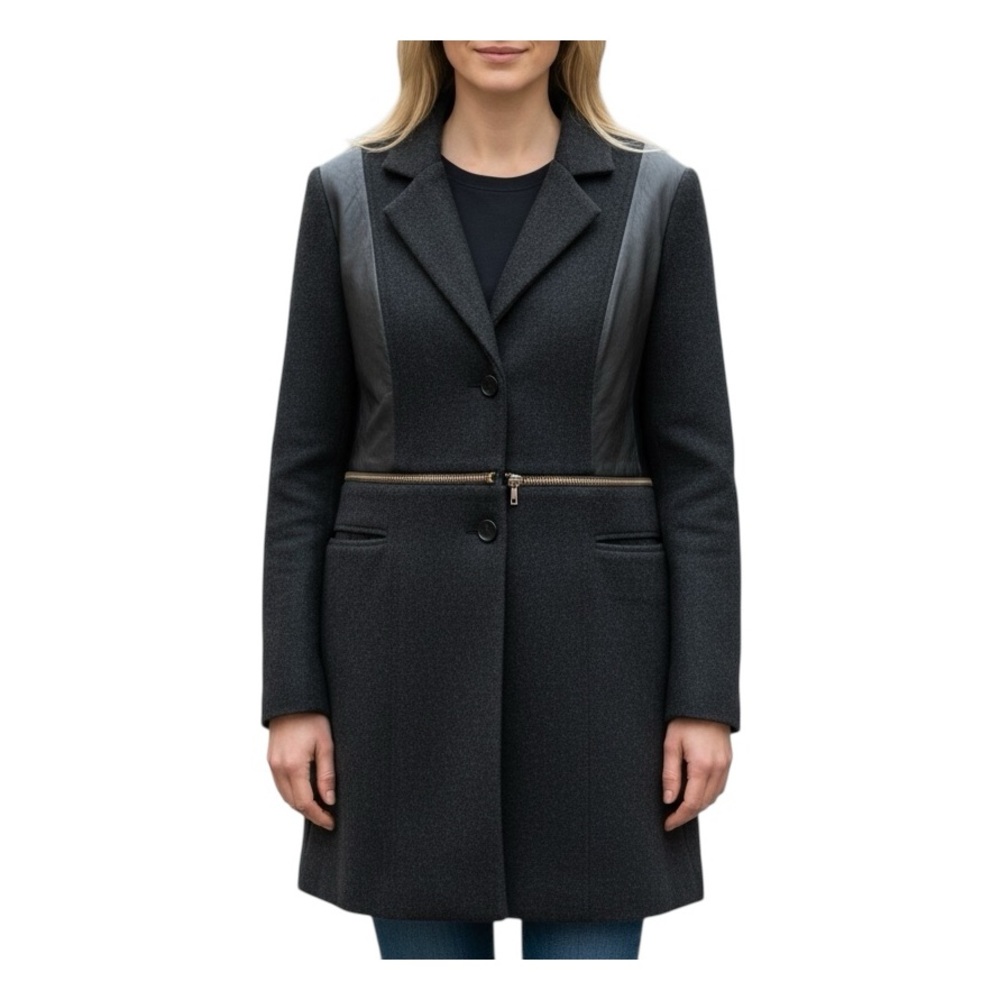 Yigal Azrouë Cut25  Coat Wool Blend‎ Leather Unzip For Crop  Womens Sz 4